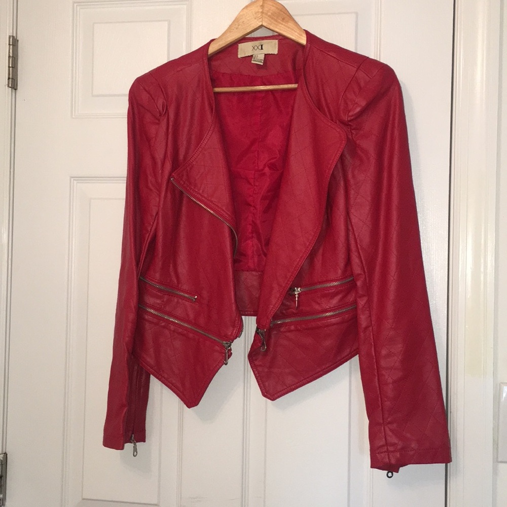 Red crop leather jacket
